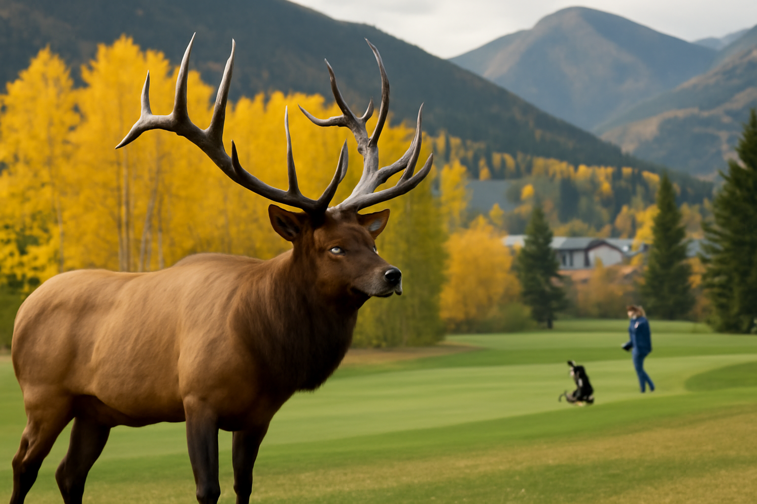 Large bull elk with full antlers standing near a golf course fairway in a mountain town in autumn