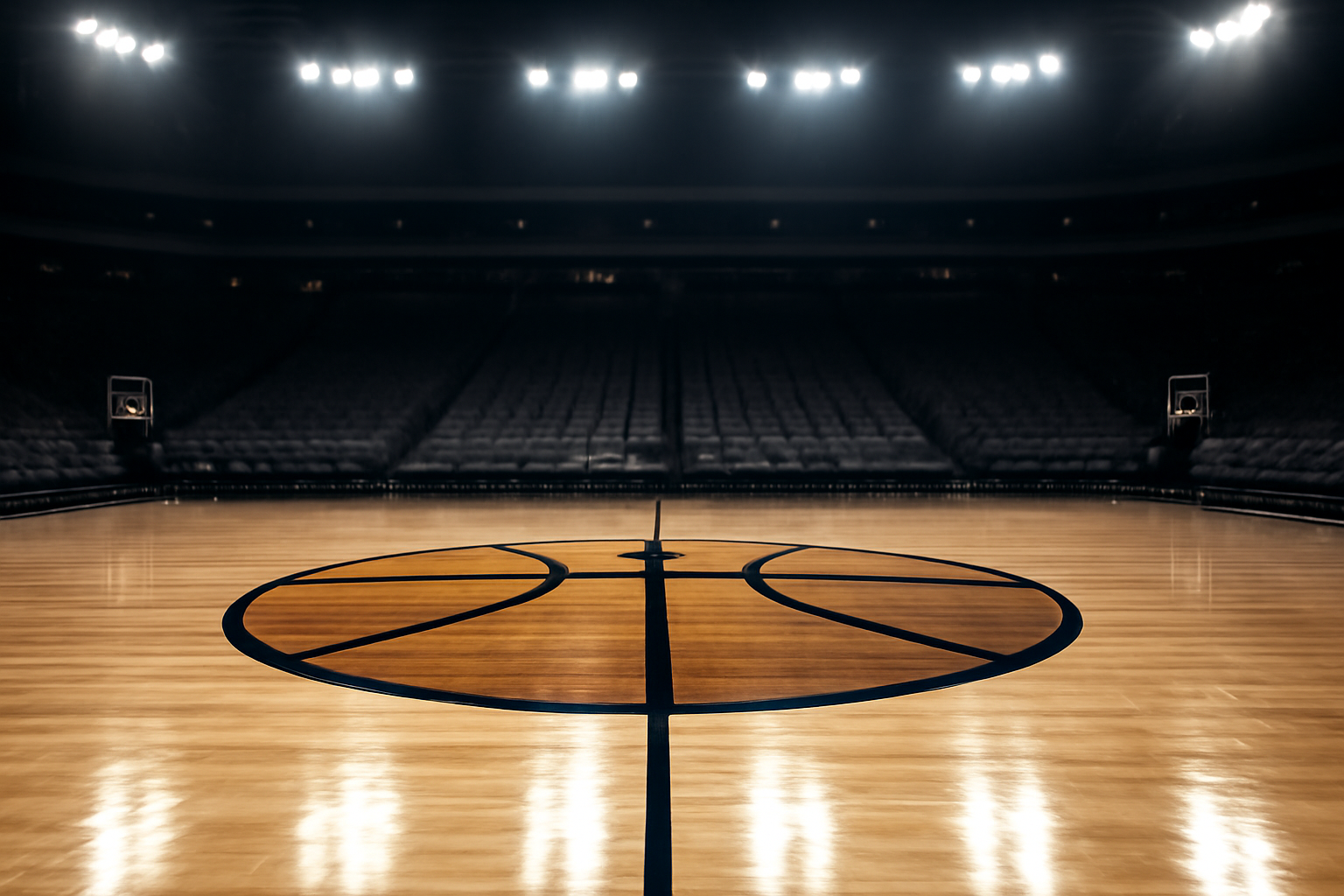 Empty NBA arena hardwood court with team logo at center court before opening night