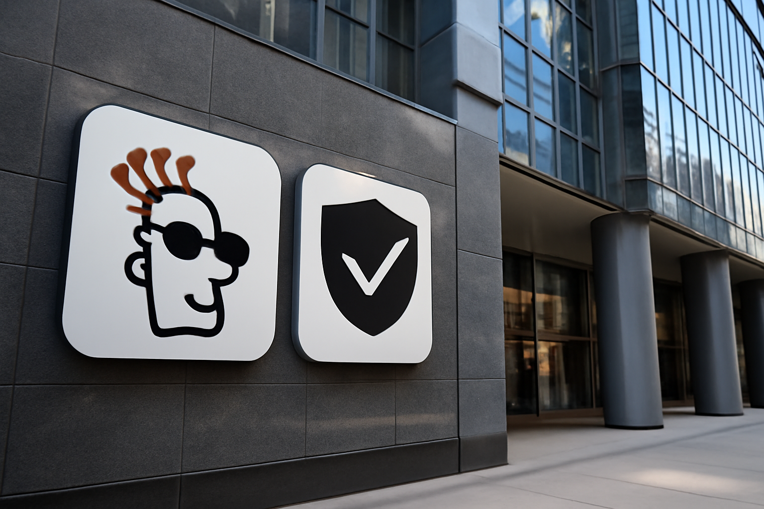 GoDaddy and Norton logos displayed side by side on a corporate office building facade