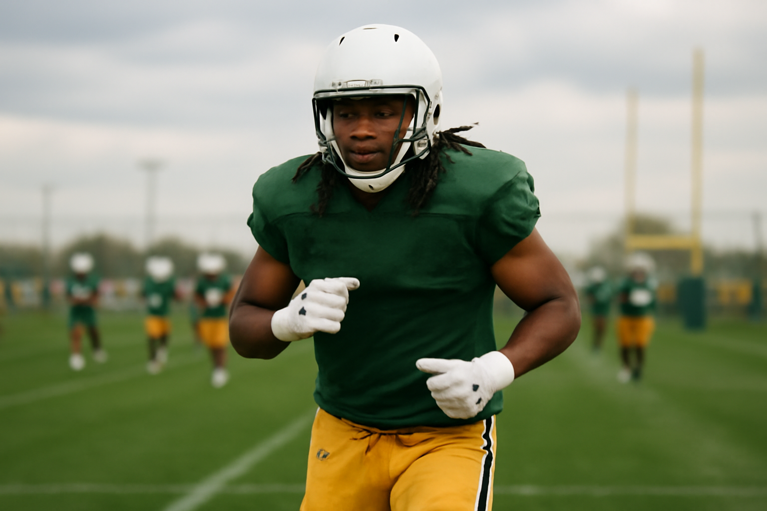 Green Bay Packers running back in practice jersey jogging onto the field