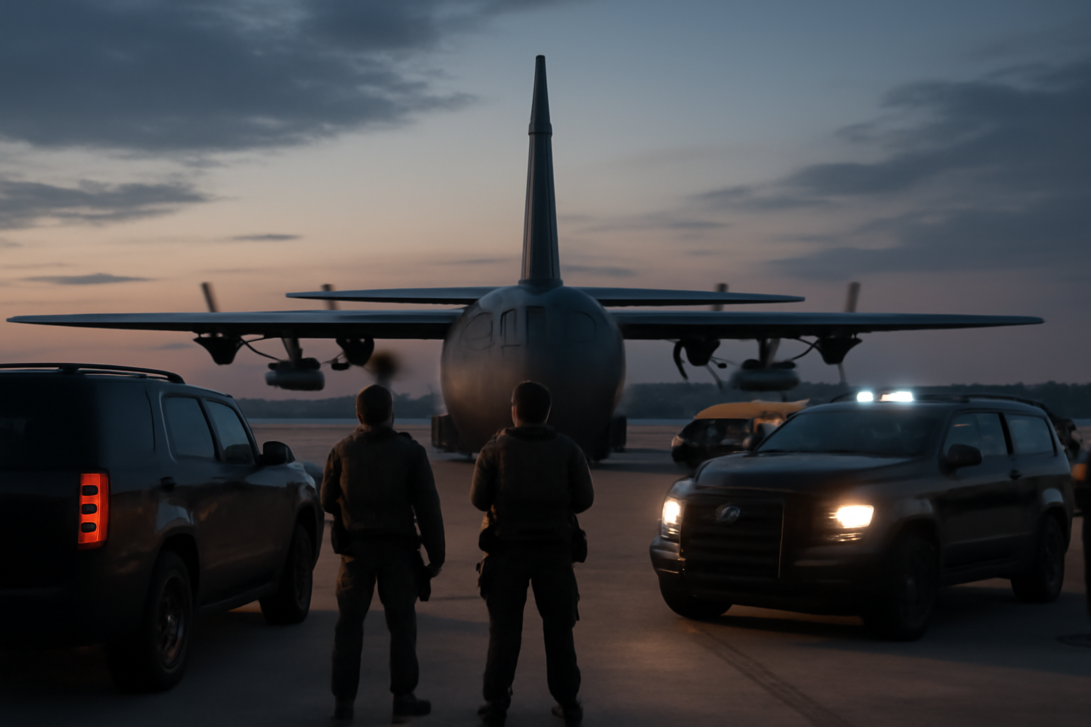 Military transport plane on a tarmac with law enforcement personnel nearby