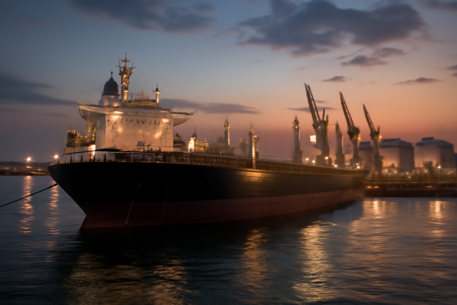Oil tanker docked at a Middle Eastern port with cranes and storage tanks in the background