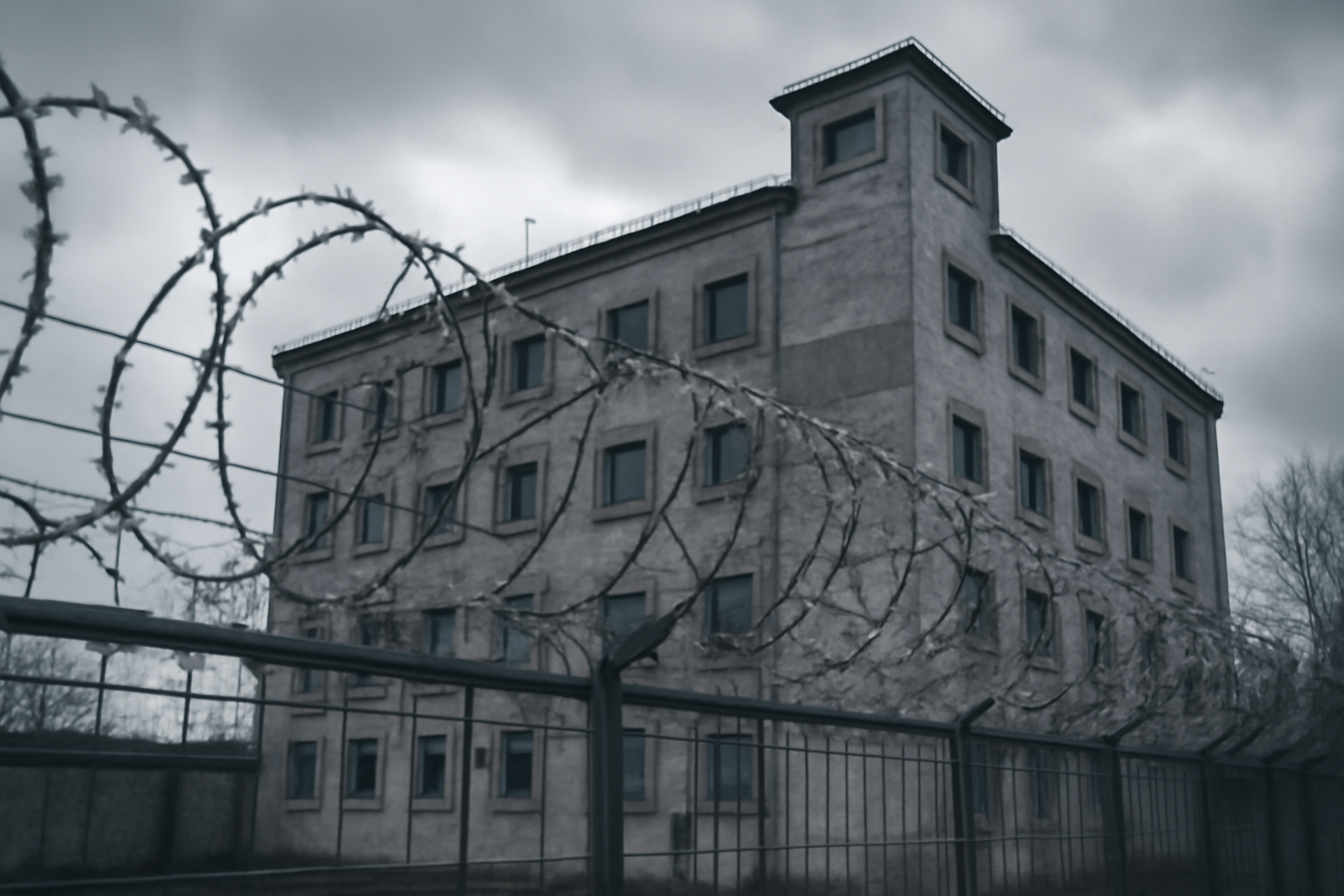 Razor wire fence in front of a gray Ukrainian government building under overcast sky