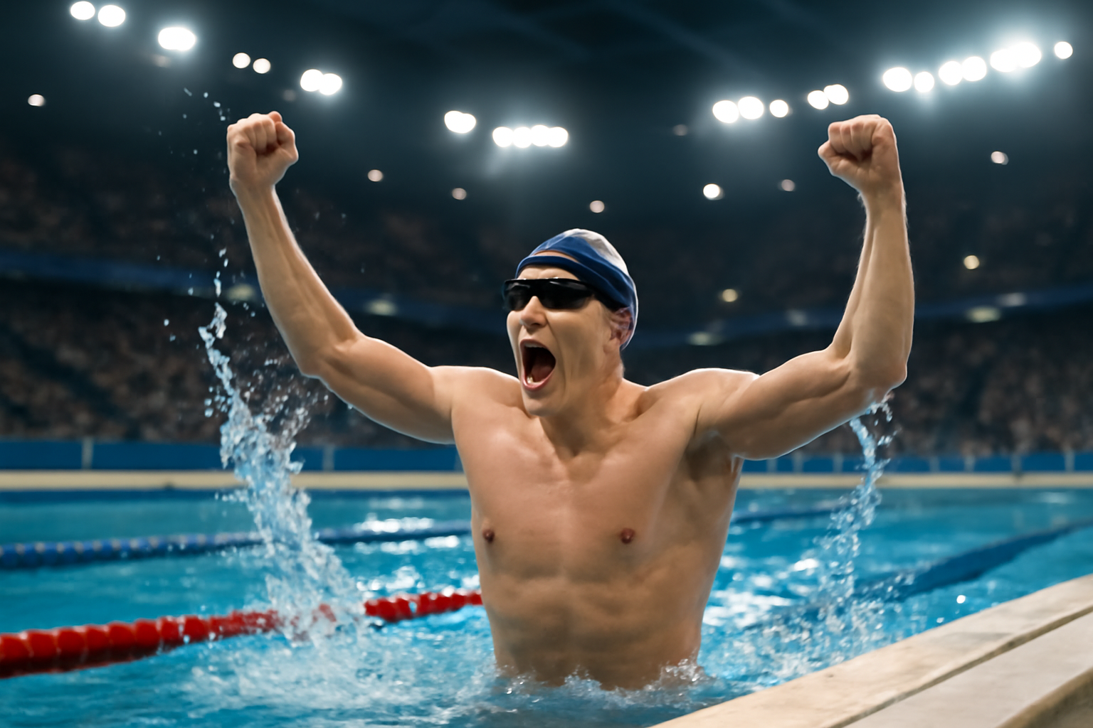Teenage male swimmer celebrating after a breaststroke world-record swim at an indoor aquatics center