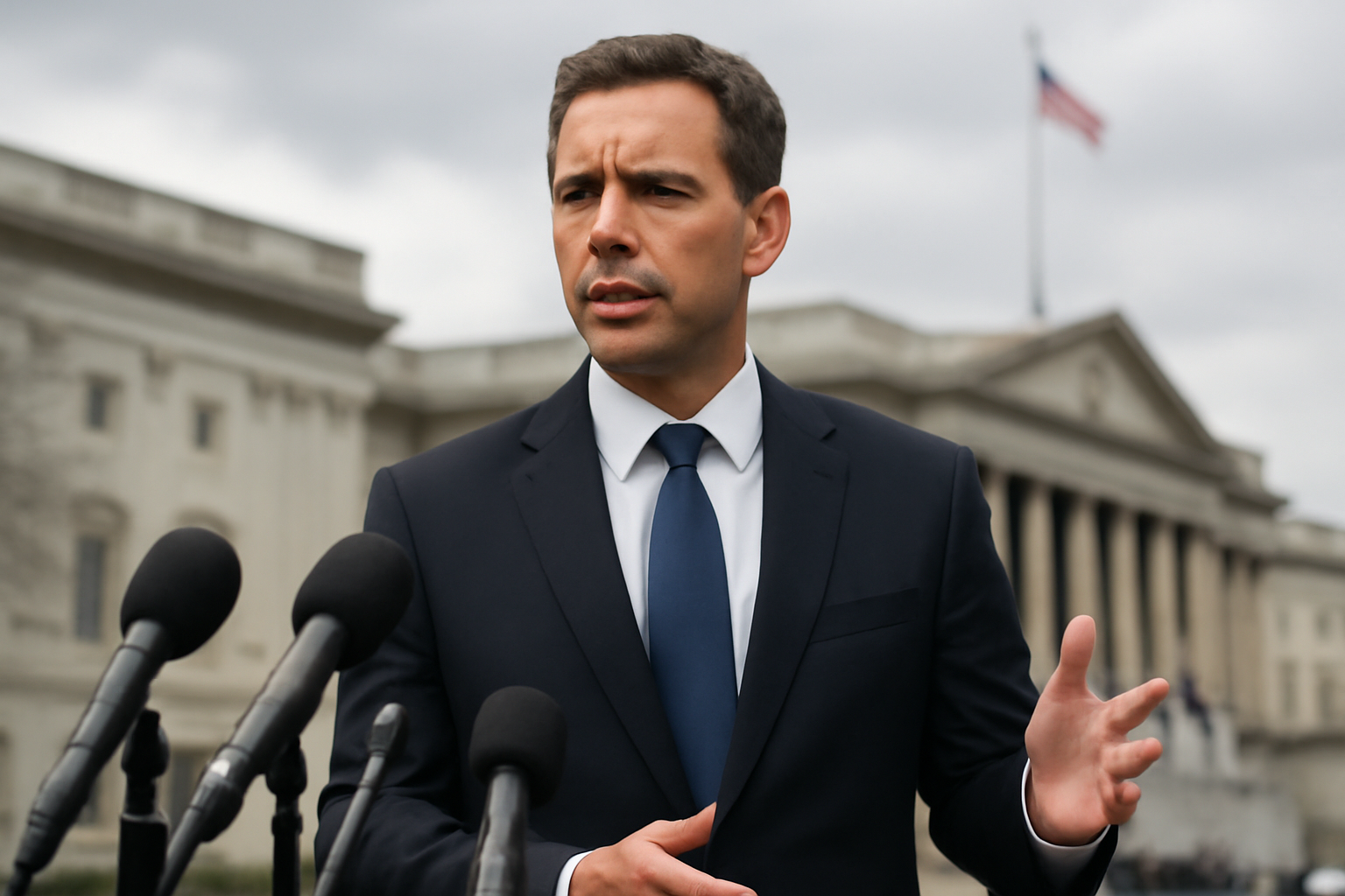 Treasury Secretary Scott Bessent speaking to reporters outside a government building in Washington