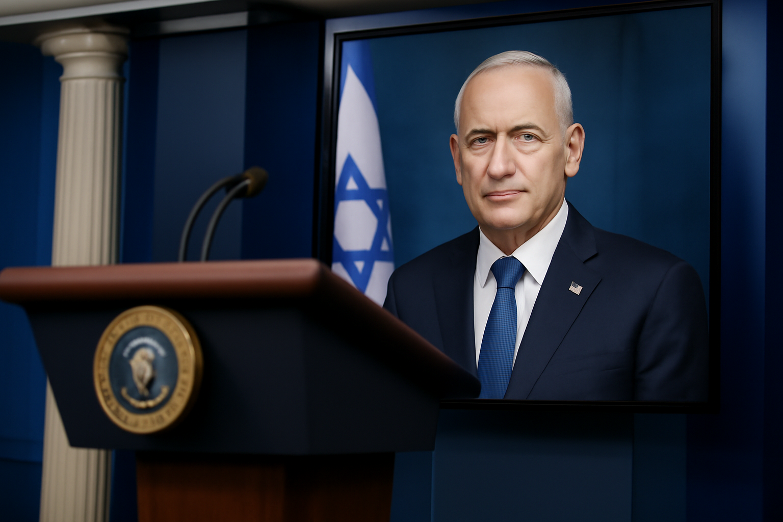 President Trump at a podium with a photo of Prime Minister Netanyahu displayed on a screen behind him