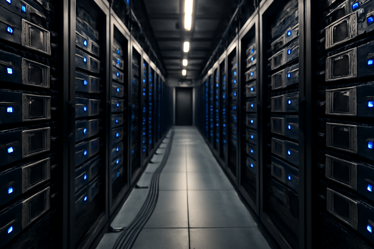Rows of Nvidia AI server chips stacked in a data center aisle