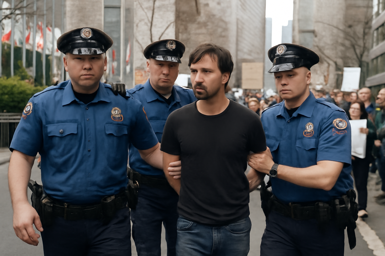 NYPD officers detain a protester holding a sign near the United Nations headquarters in New York