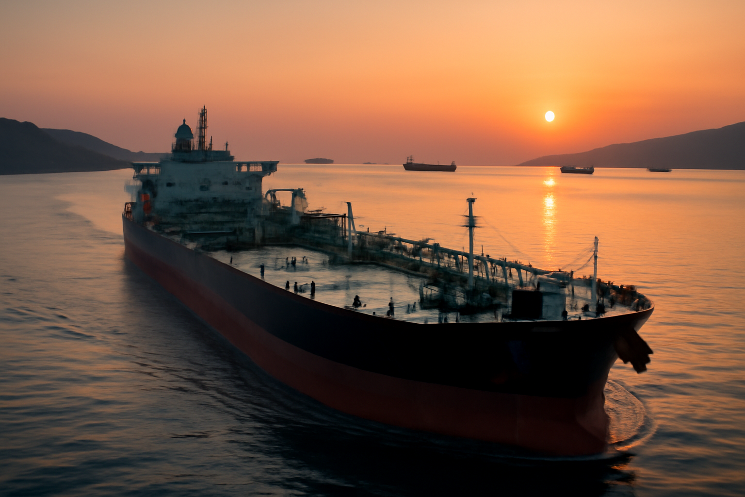 Oil tanker navigating a narrow shipping strait at dusk with cargo ships in the distance