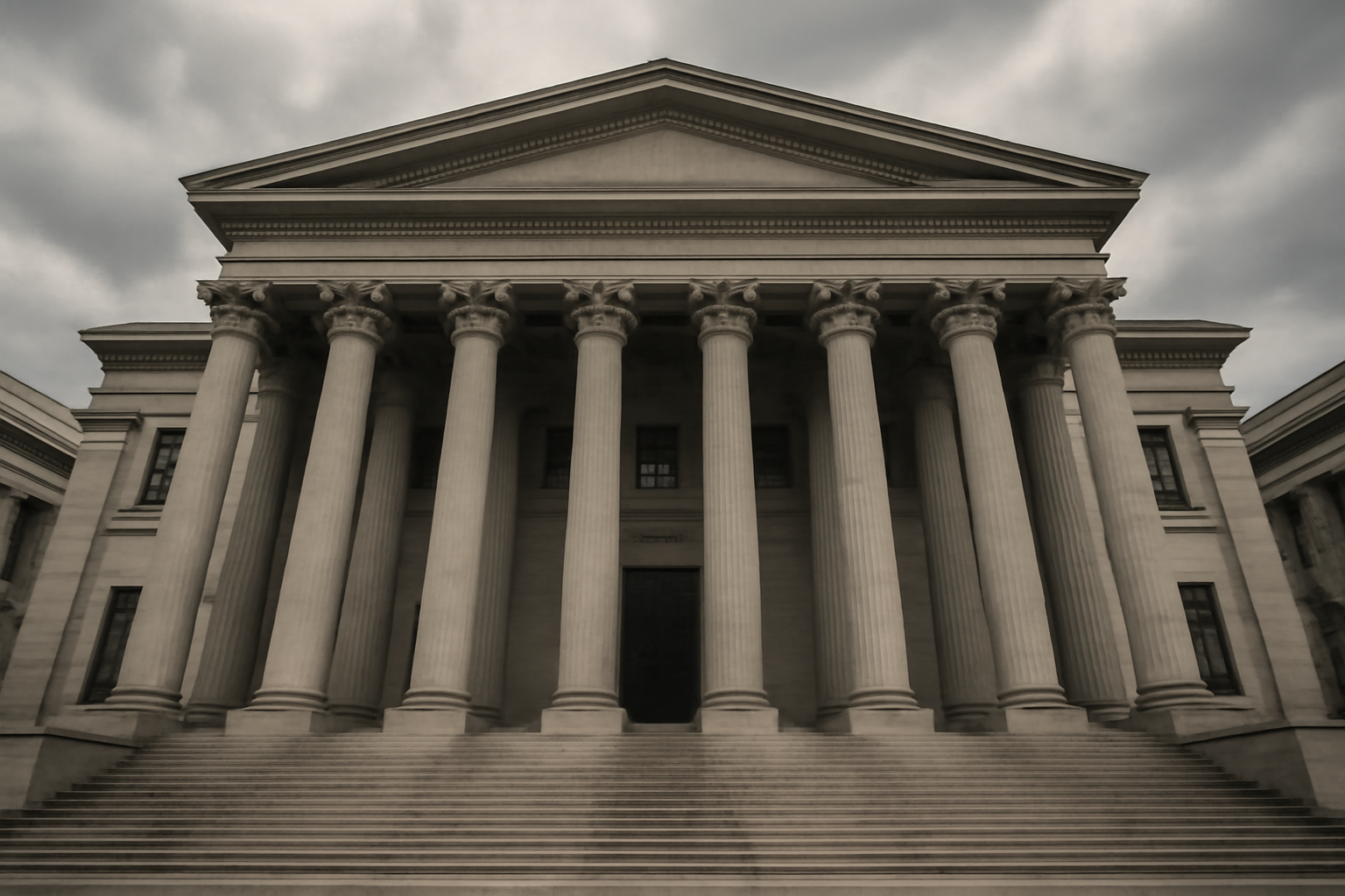 Exterior columns and steps of a U.S. federal appeals courthouse under an overcast sky