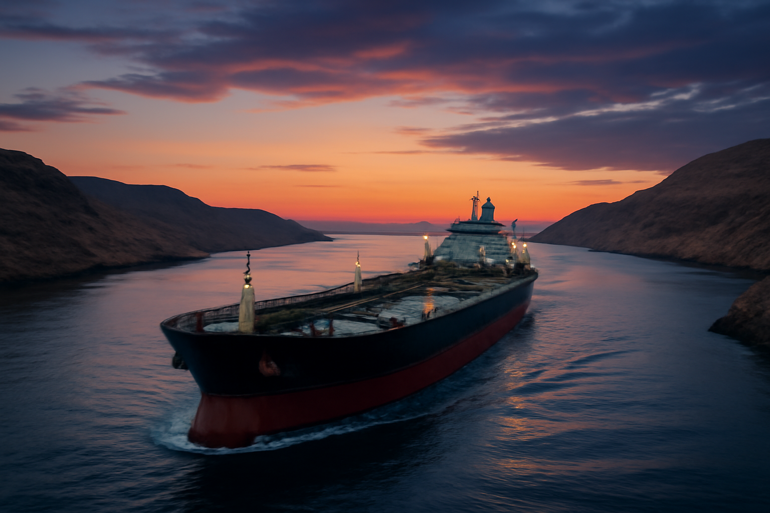 An oil tanker moving through a narrow strait at dusk with rocky coastline on either side