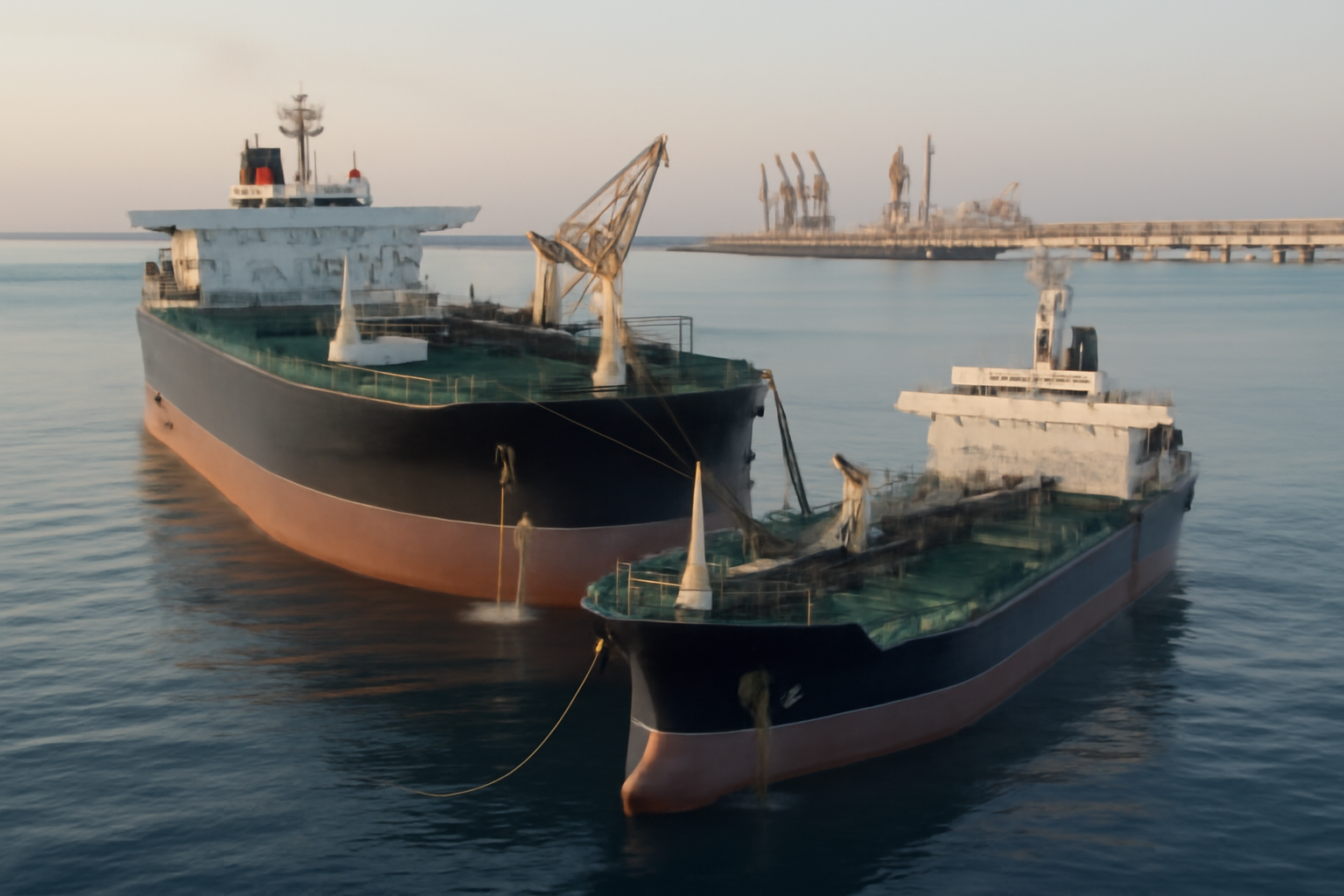 Oil tanker conducting a ship-to-ship transfer at sea near a Middle East export terminal