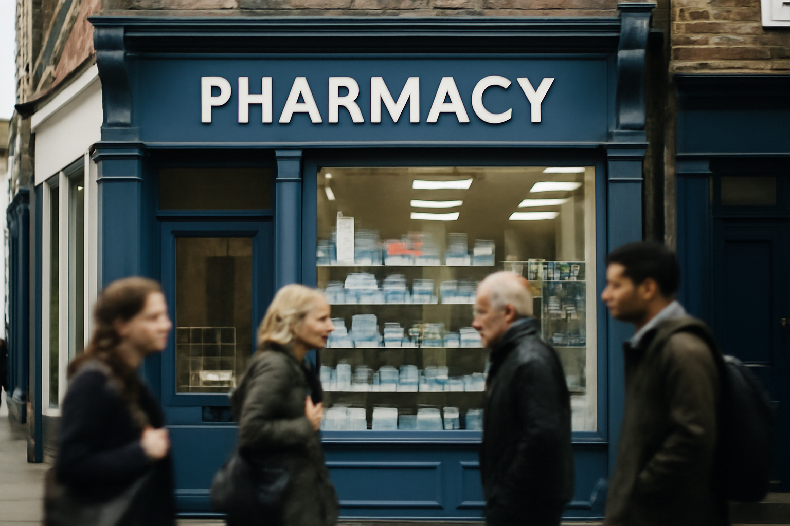 Exterior of a Boots pharmacy storefront on a British high street with blue signage