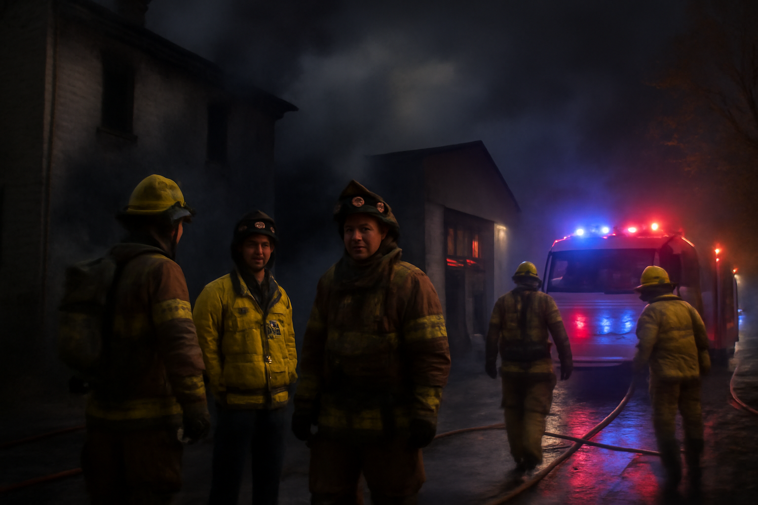 Firefighters working near a damaged building after an overnight drone strike in the Moscow region