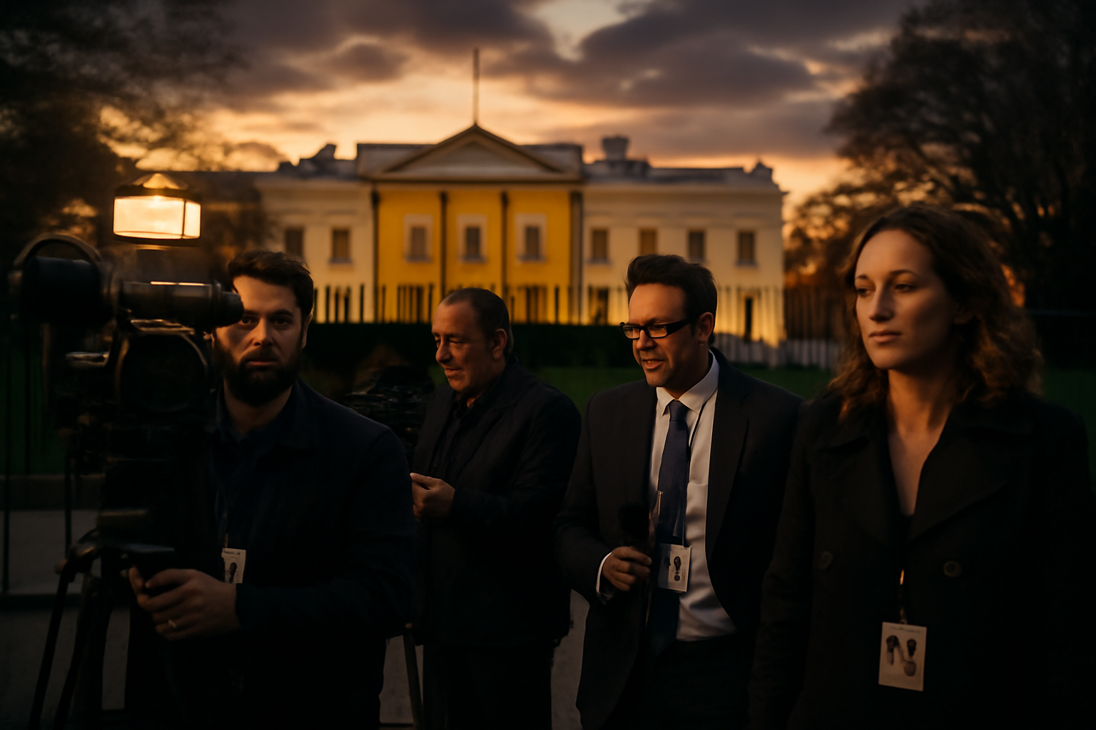 Television camera crews and reporters gathered outside the White House press area at dusk