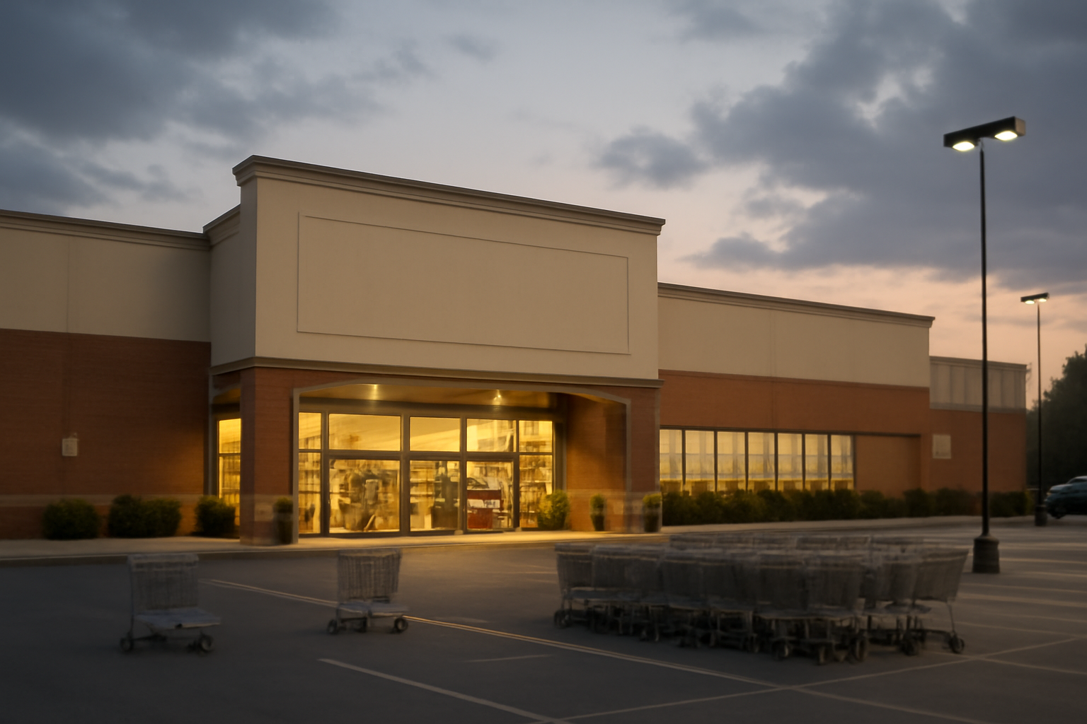 Exterior of a Kroger grocery store with shopping carts in the parking lot