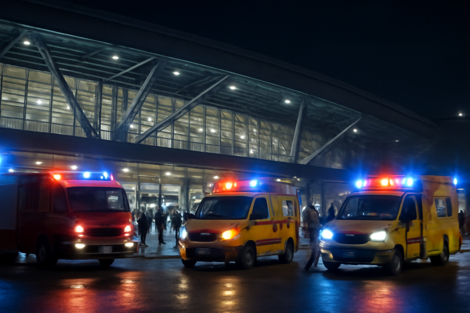 Emergency vehicles and personnel gathered outside an international airport terminal at night