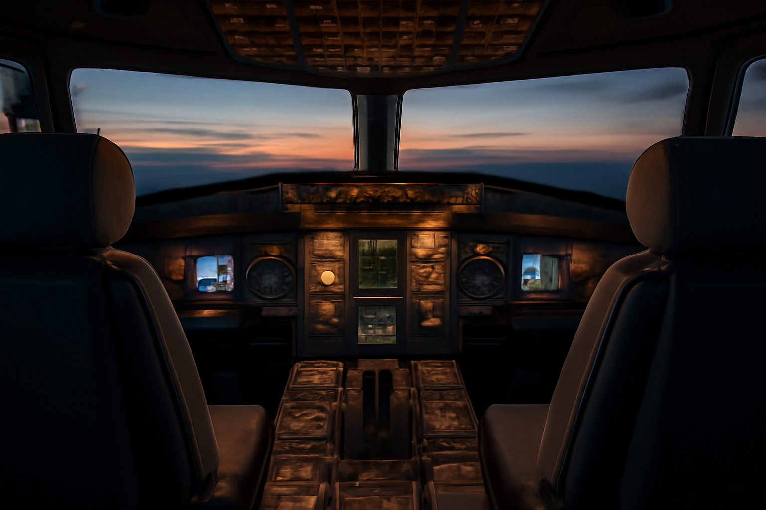 A commercial airliner cockpit instrument panel photographed in flight at dusk