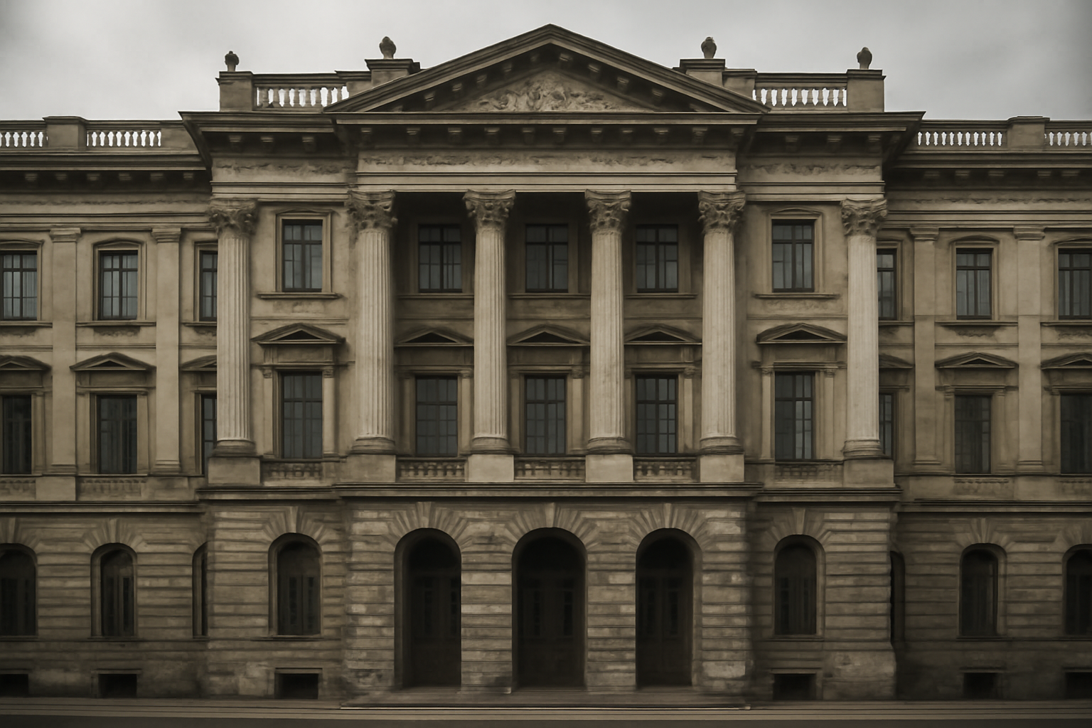 Old European government building facade with weathered stone columns under overcast sky