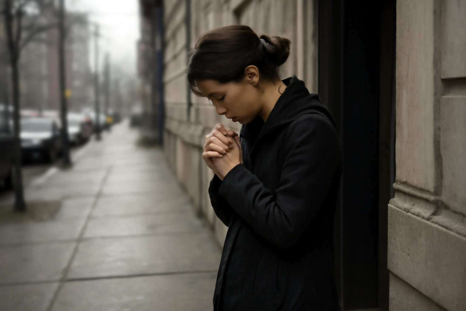 A woman stands silently with head bowed and hands clasped on a quiet sidewalk near a building entrance