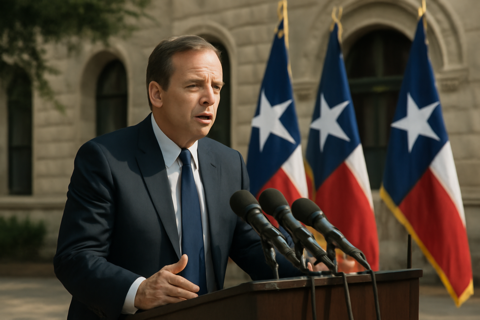 Texas attorney general speaking at a podium outside a government building in San Antonio