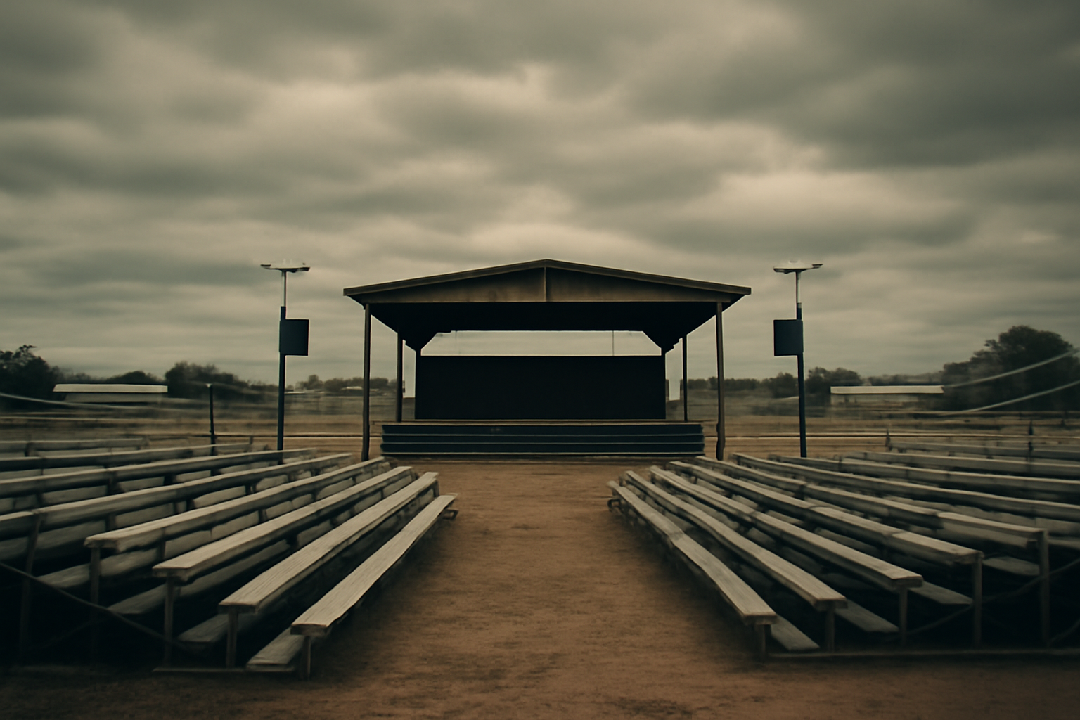 Empty rally bleachers at an outdoor fairgrounds venue under overcast sky