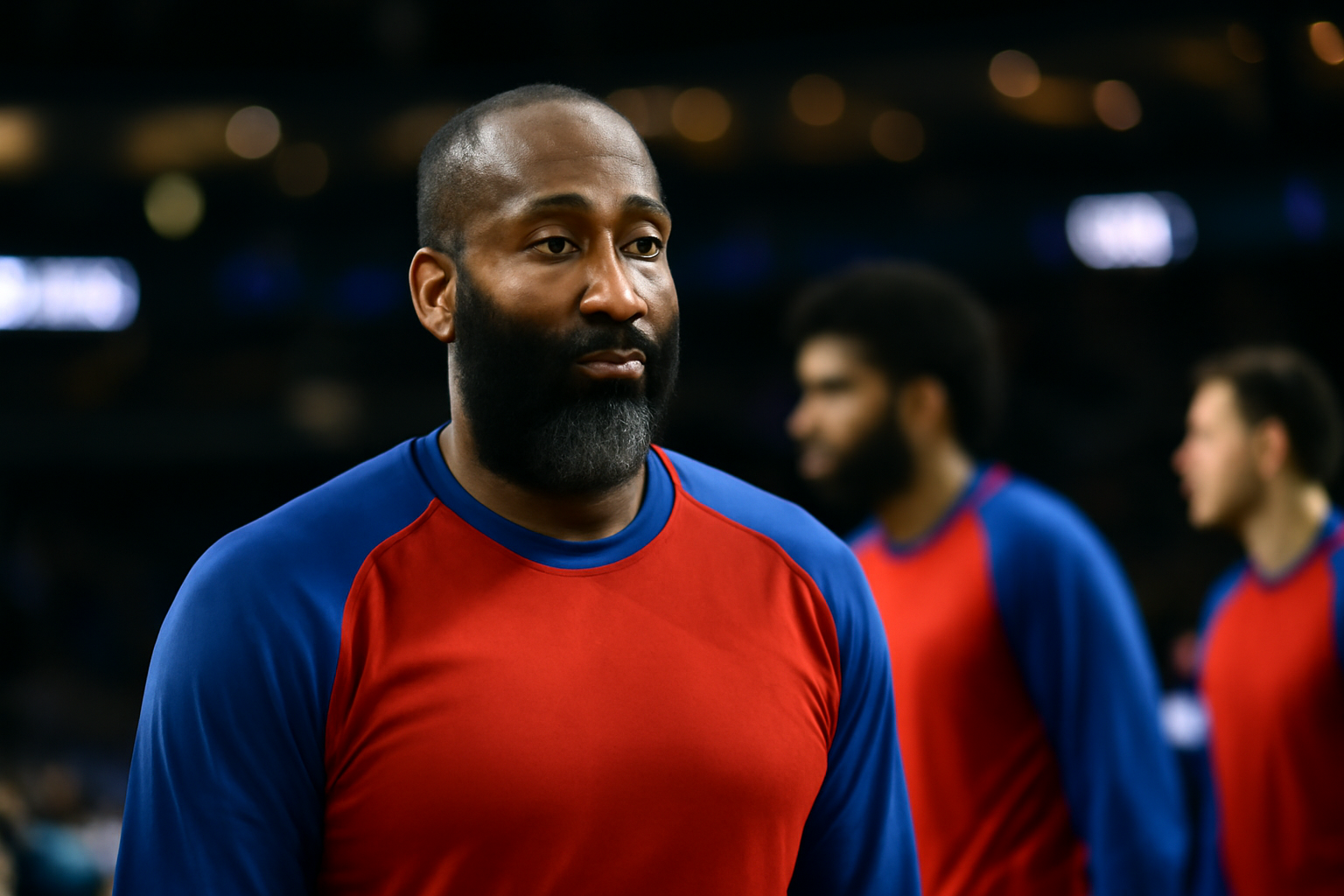 Basketball player in a Philadelphia 76ers jersey warming up courtside before a game