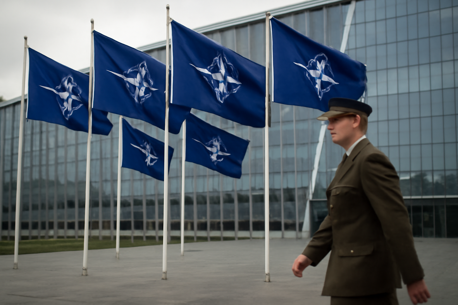 NATO flags outside alliance headquarters with a military officer walking past in the foreground