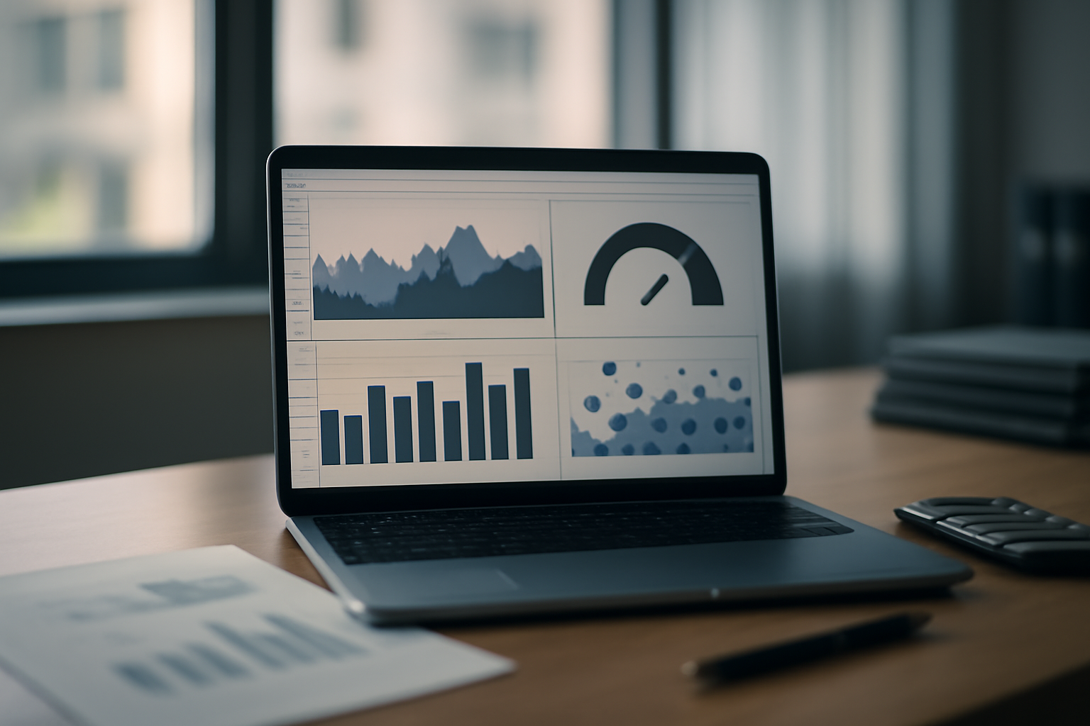 A financial analyst reviews credit data on a laptop screen displaying AI-generated risk charts in an office setting