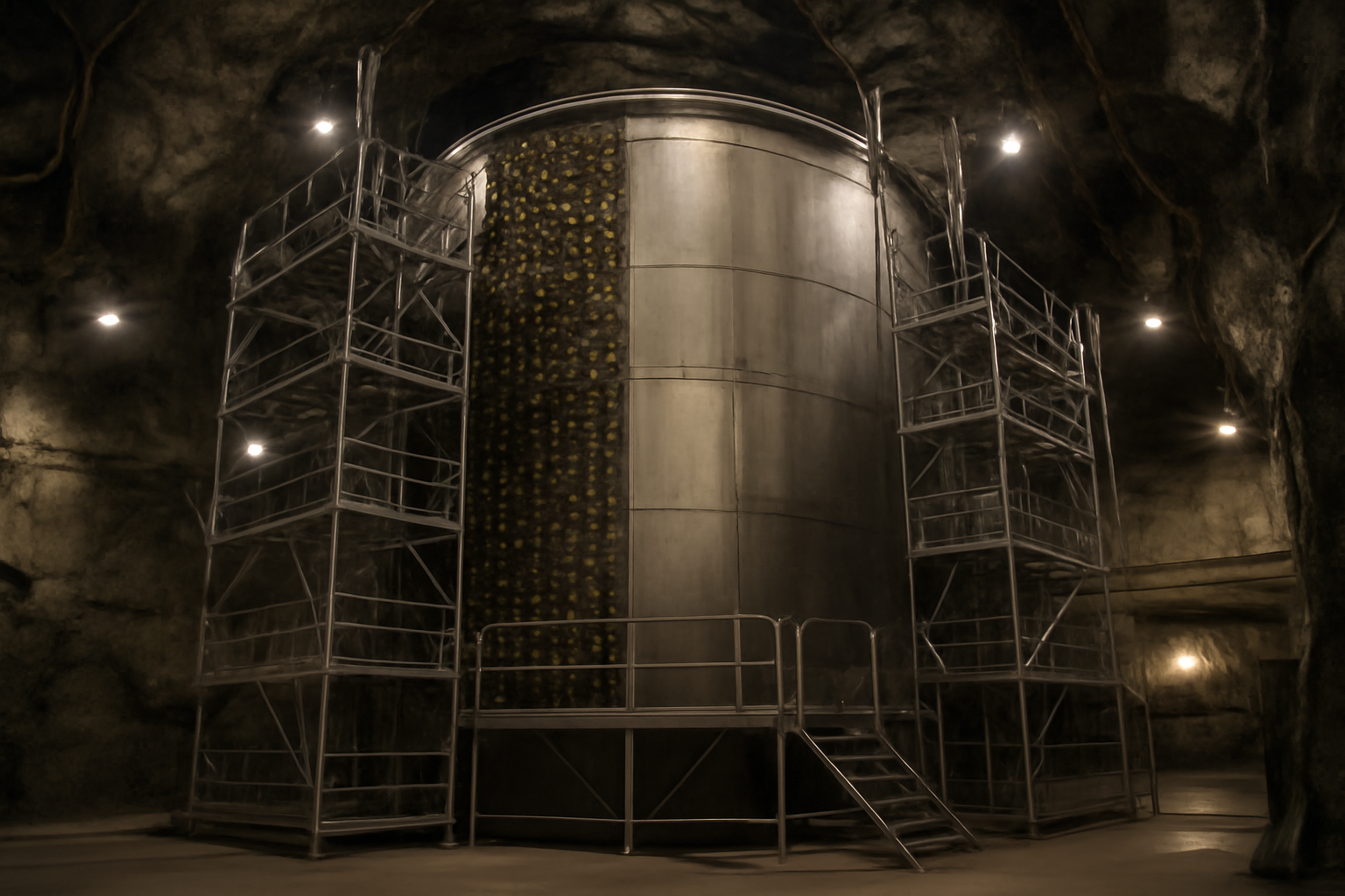 Underground dark matter detector chamber with cylindrical xenon tank and support scaffolding