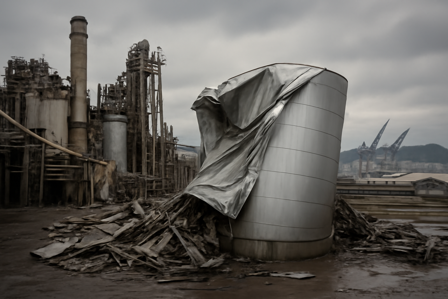A damaged industrial paper mill tank structure in a Pacific Northwest port town under overcast sky