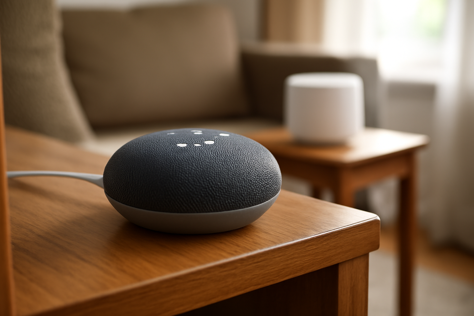 A Google Home smart speaker sitting on a shelf near a Wi-Fi router with blinking status lights