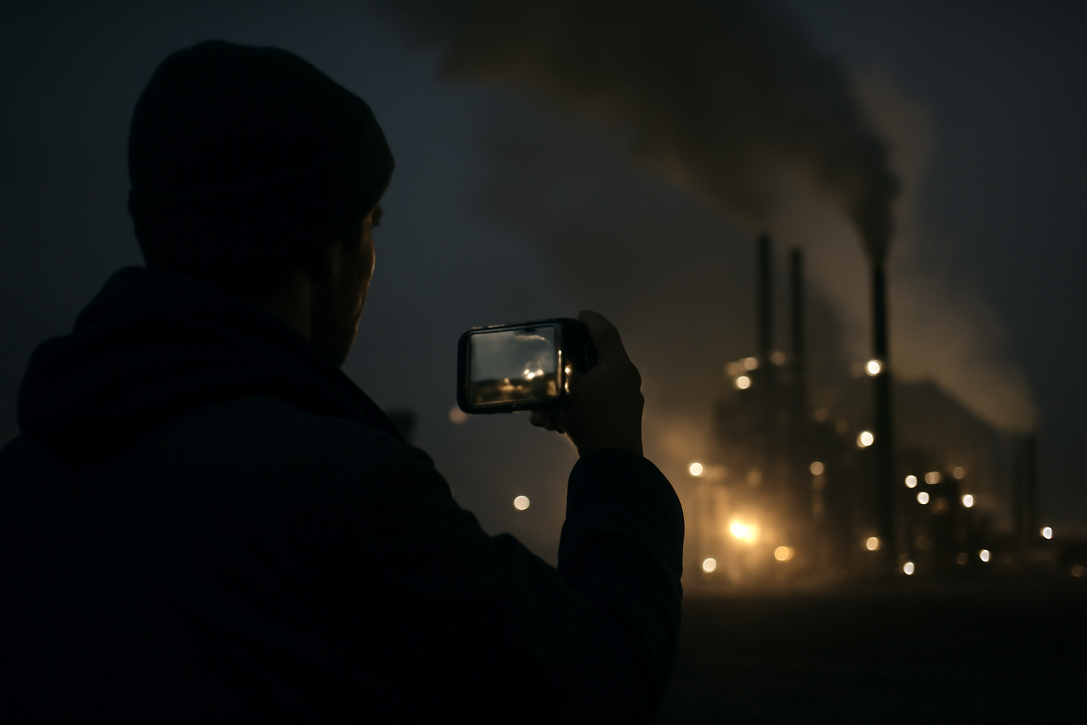 Silhouette of a man filming a nighttime industrial facility with a smartphone camera
