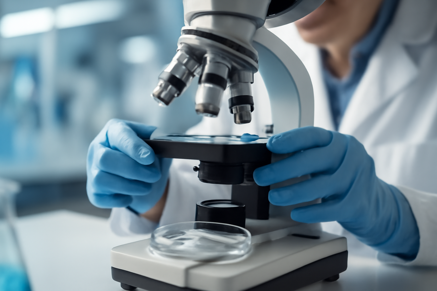 Gloved researcher's hands adjusting a microscope focused on a petri dish in a genetics laboratory
