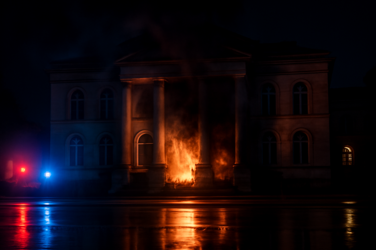 Smoke rising from the facade of a French city hall building at night