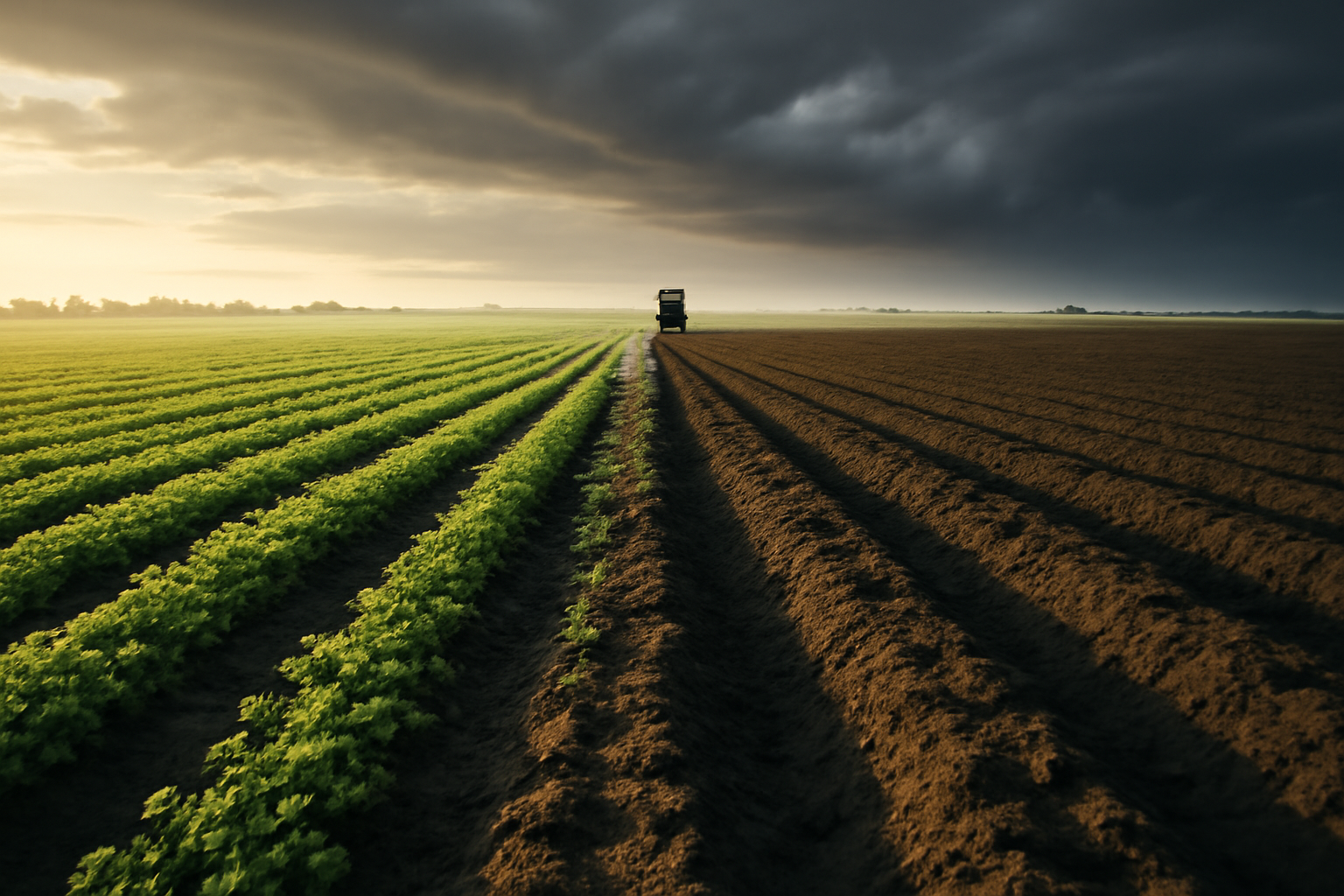 Rows of cover crop seedlings growing between bare soil rows on a farm field under cloudy sky