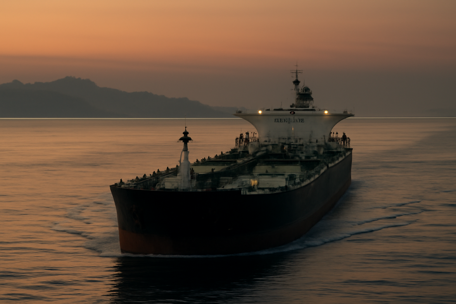 Cargo ship transiting the Strait of Hormuz with a tanker in the distance under a hazy sky