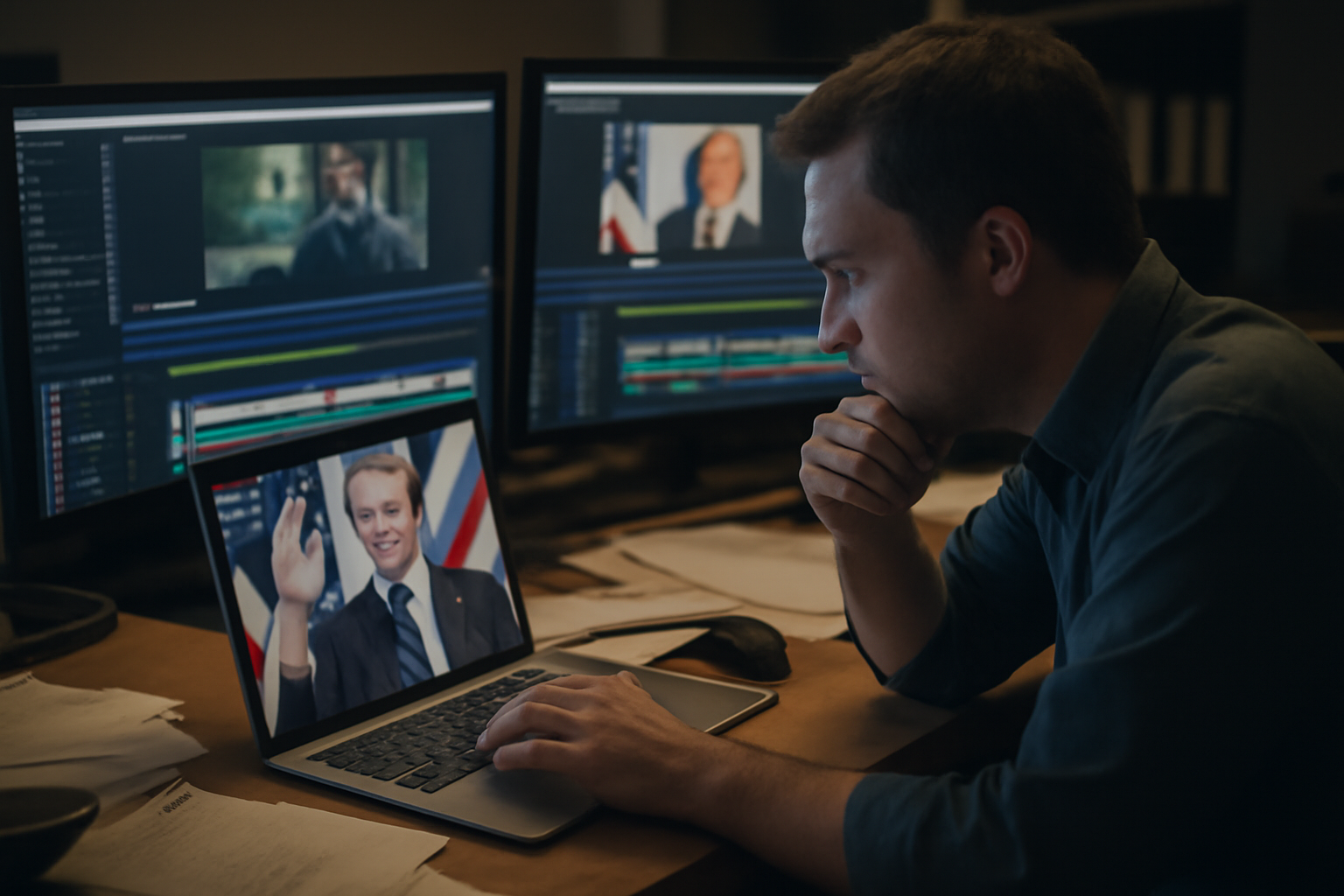 Campaign staffer reviewing AI-generated video ads on a laptop in a busy office