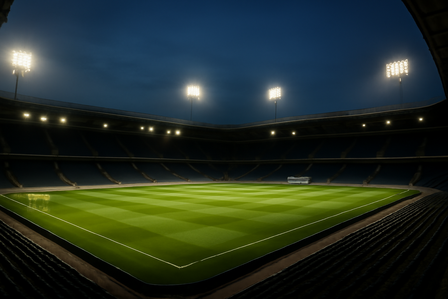 Empty Premier League stadium seating under stadium floodlights before a match