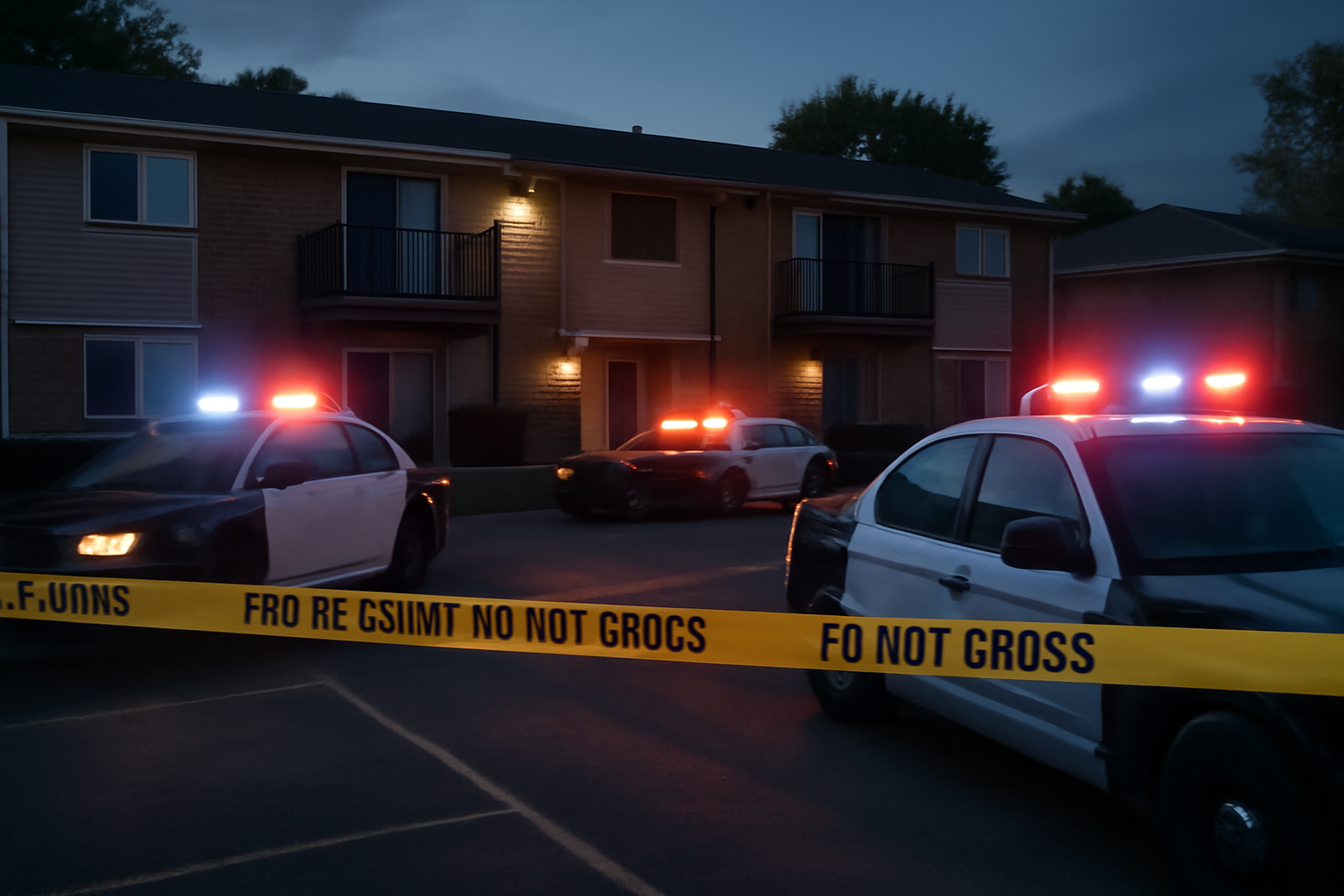Police tape and patrol vehicles outside a suburban Georgia apartment complex at dusk