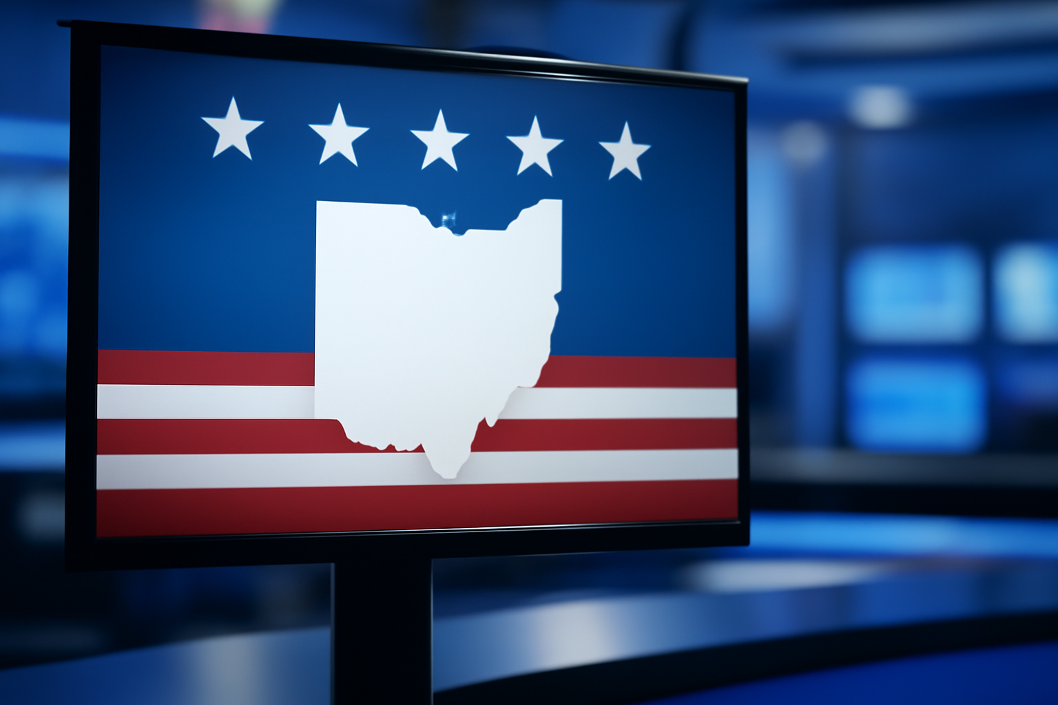 Television news studio screen showing a political campaign ad graphic during an Ohio election broadcast