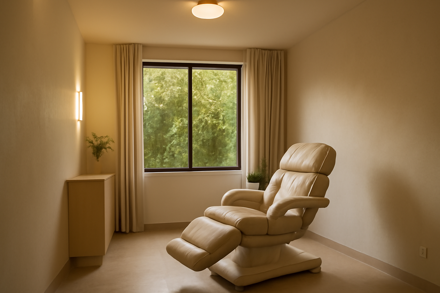 A quiet wellness center room with a single chair and dim lighting, evoking a treatment setting
