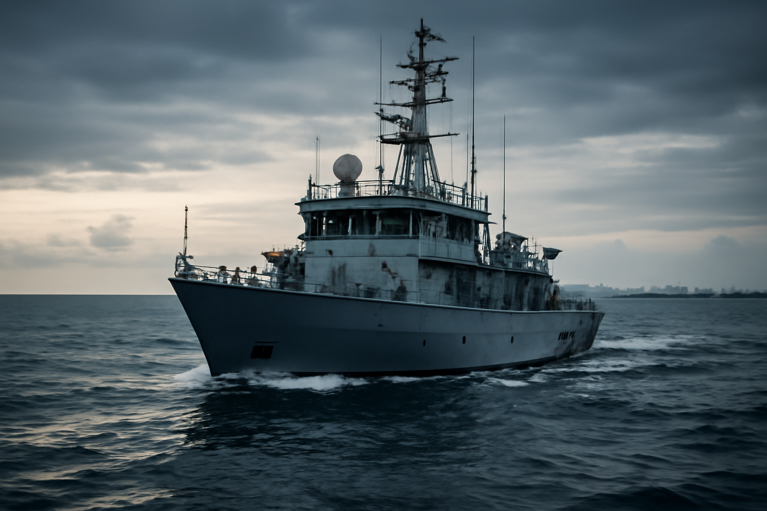 A patrol boat silhouette on open water at dusk near a Caribbean coastline