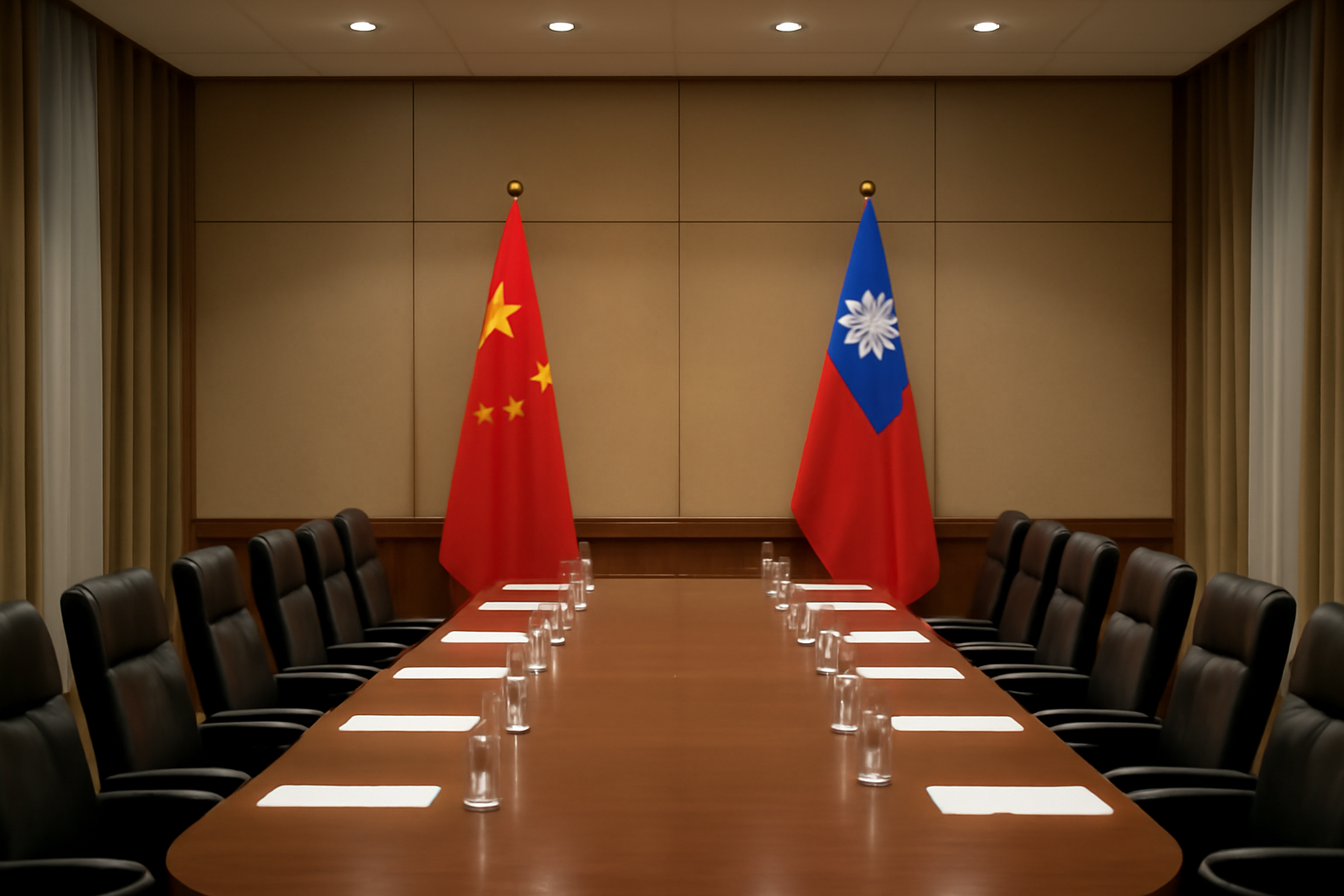 Chinese and Taiwanese flags positioned near a conference table with an empty chair, symbolizing cross-strait political outreach