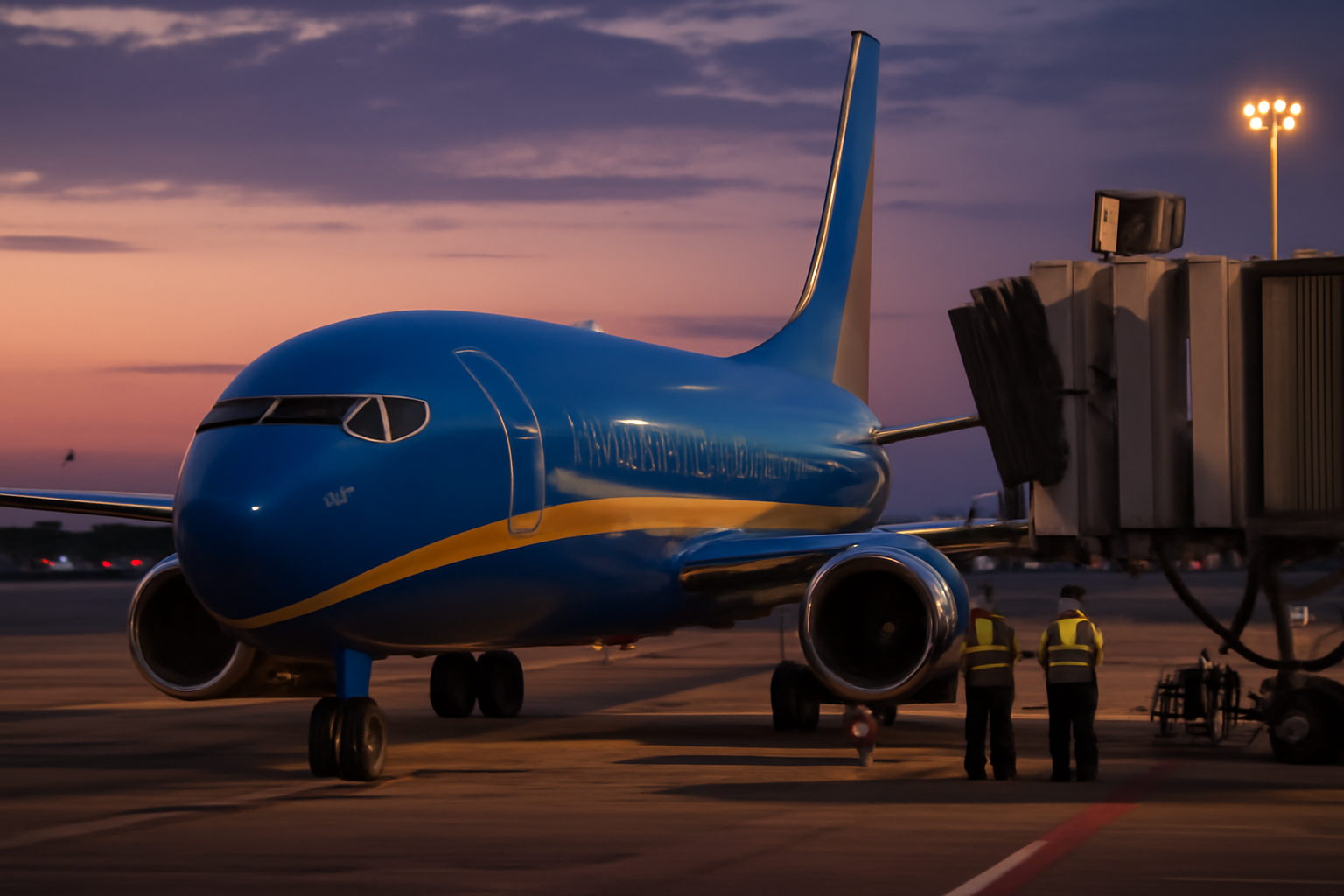 A flydubai aircraft parked at an airport gate under a cloudy sky