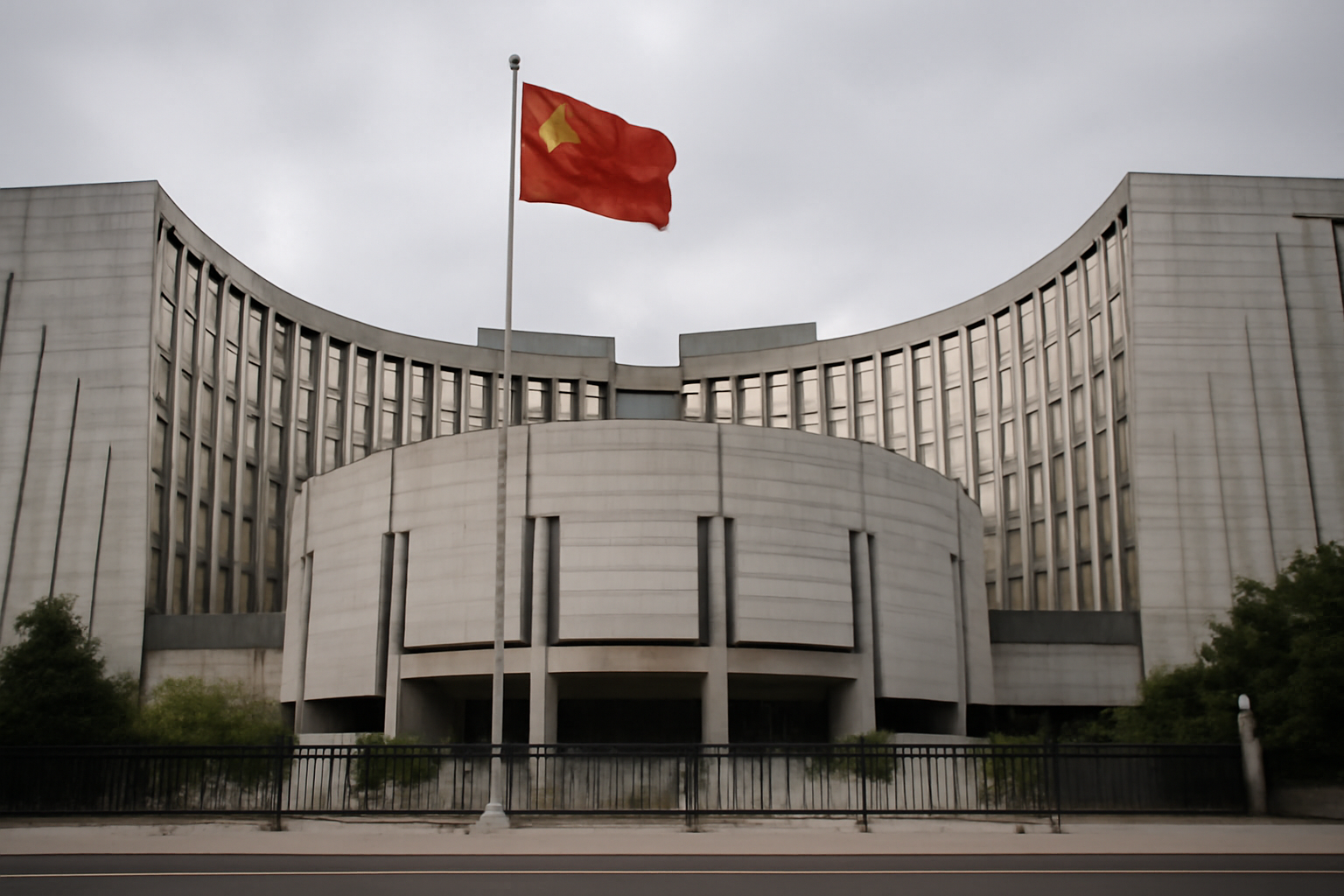 Exterior of a Chinese central bank building with a red national flag against a gray sky