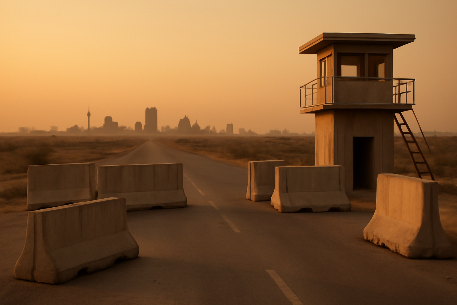 An empty military checkpoint road near a desert city skyline in Iraq at dusk