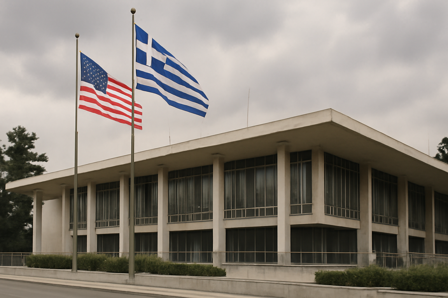 US Embassy seal outside a stone government building in Athens, Greece
