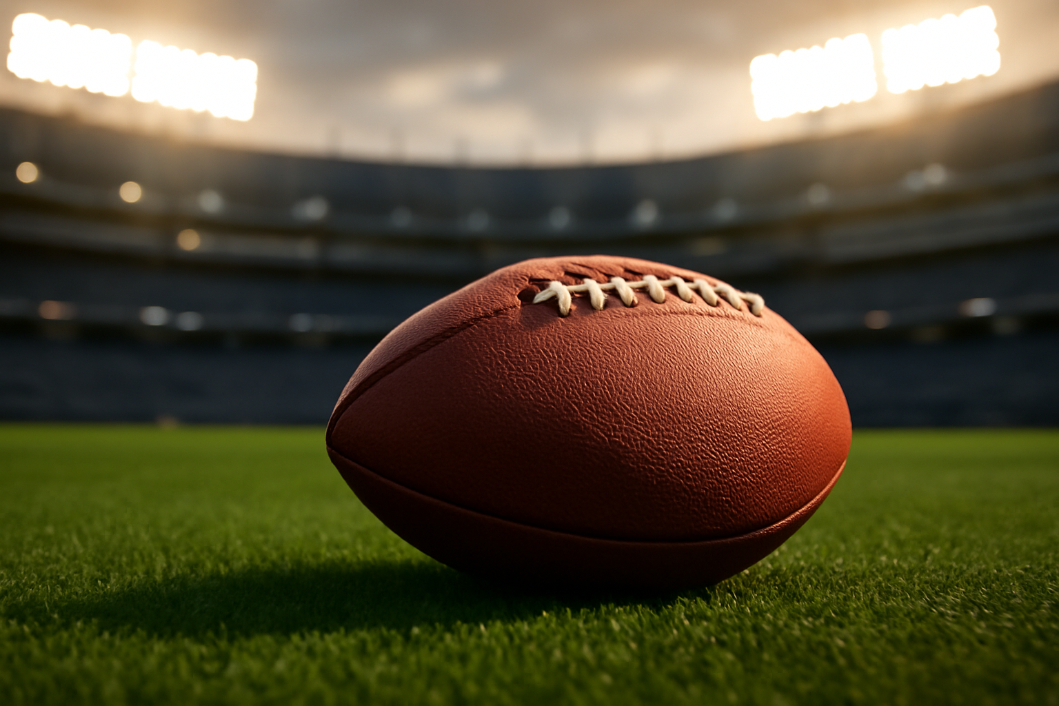 NFL football resting on a stadium field under Sunday afternoon lights