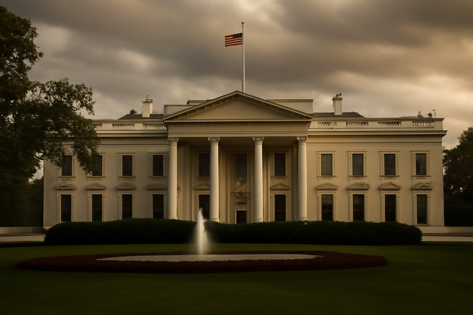 Exterior view of the White House West Wing under an overcast sky